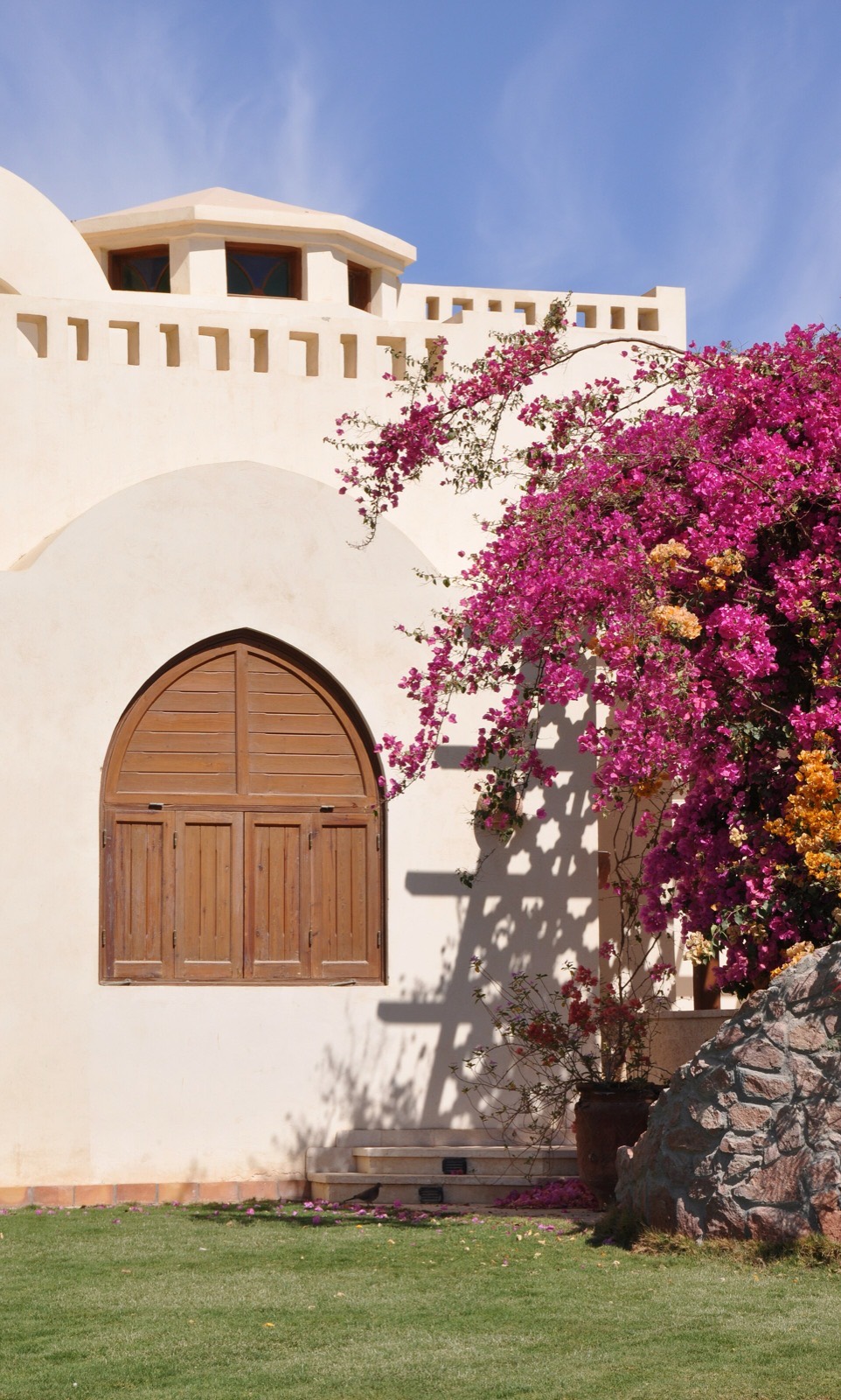 Drevené dvere a bugenvilea v El Gouna